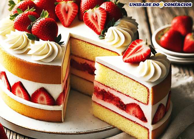 Bolo de baunilha com recheio de morango! Sabor Incrível