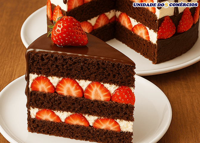 Bolo de chocolate com morango para aniversário Inesquecível!